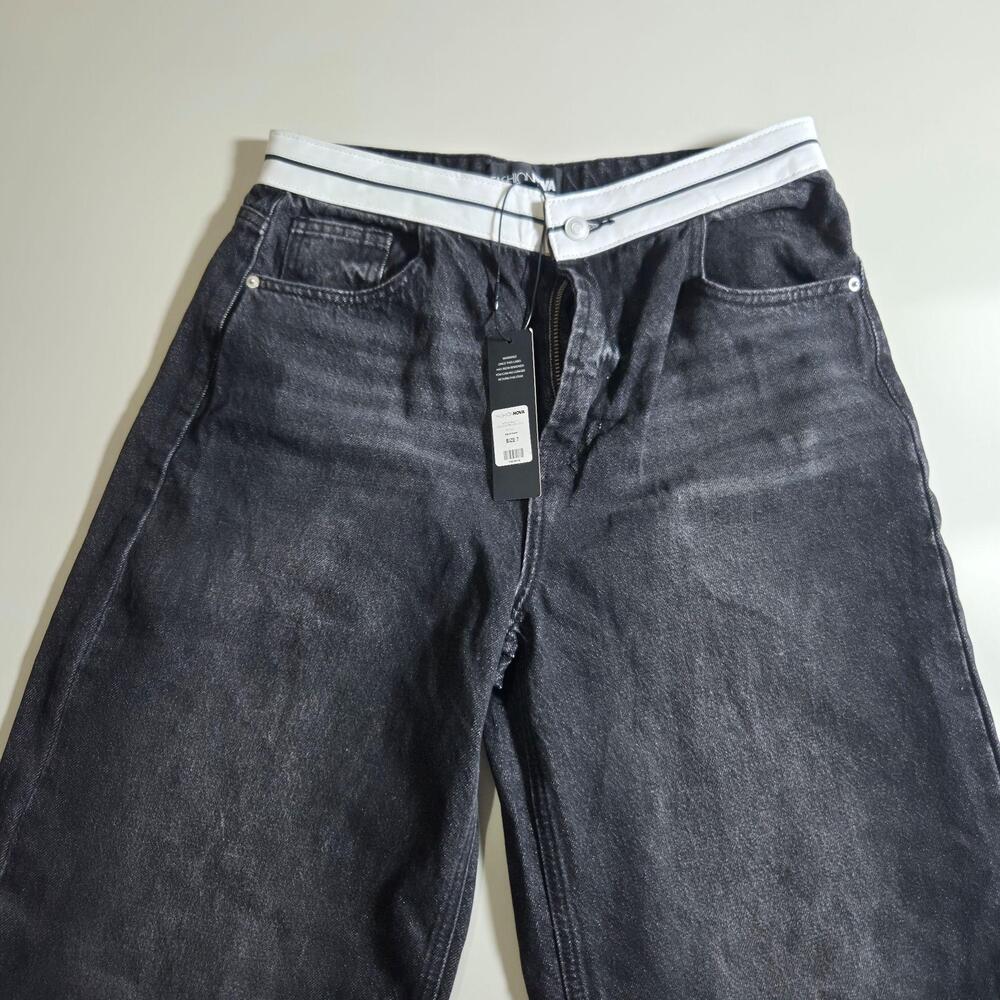 Fashion Nova Jeans Juniors 7 Black Dark Wash Denim Wide Leg Trouser Relaxed Fit